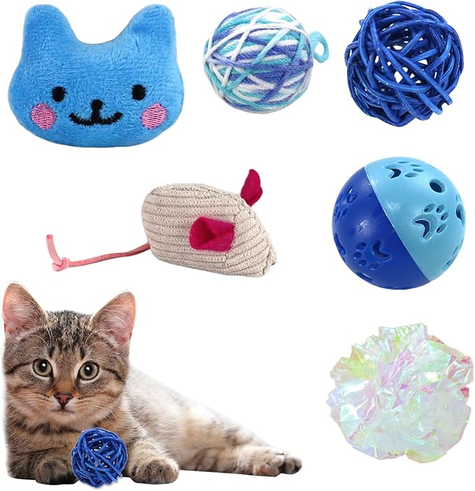 Andiker 6Pcs Cat Toy Pack, Cats Toy Set with Crinkle Balls, Pet Bell Balls, Pet Mouse Toy and Rattan Ball Stimulate Cats Hunting and Chasing Instincts Interactive Kitten Toys for Indoor Cat (Blue)