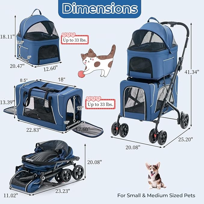 Double Dog Stroller for 2 Dogs, Detachable Carriers, Safety Belt, Lockable Wheels, Pet Travel Carrier Strolling Cart, Folding Cat Stroller for Small Medium Pets Dogs (Blue)