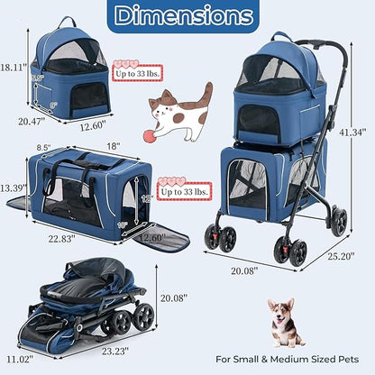 Double Dog Stroller for 2 Dogs, Detachable Carriers, Safety Belt, Lockable Wheels, Pet Travel Carrier Strolling Cart, Folding Cat Stroller for Small Medium Pets Dogs (Blue)