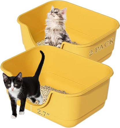 2 Pack Low Entry Small Litter Box for Kittens, Kitty Plastic Litter Boxes, Open Top, Anti-Splash High Sided Litter Tray Pan for Medium Pets, Puppy, Easy to Clean, 15.7"L*11.8"W*6.7"H (Yellow)