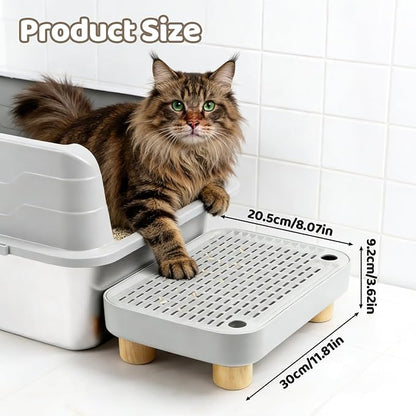 Cat Litter Box Step for Automatic/Self-Cleaning Litter Boxes - Anti-Tracking Catcher Ramp with Filter, Non-Slip Wooden Base, Easy Clean for Kittens & Elderly Cats