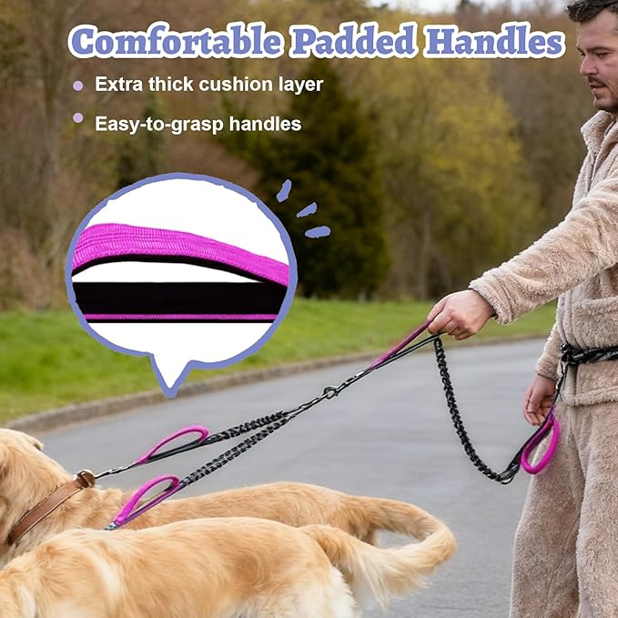 Hands Free Double Dog Leash for Two Dogs- No Tangle No Pull Dual Leash with Padded Adjustable Waist Belt & Reflective Stitching - Ideal for Running, Jogging, Hiking with Medium & Large Breeds