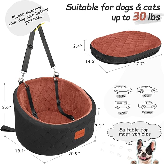 Lealchum Dog Car Seat for Small Dogs Up to 30 Lbs,Ultra Soft Fabric Fill in Comfy Memory Foam,Happy Pet Ride,2 Safety Dog Leashes,Fully Detachable and Washable,Anti Slip Base (Black/Brown, Small)