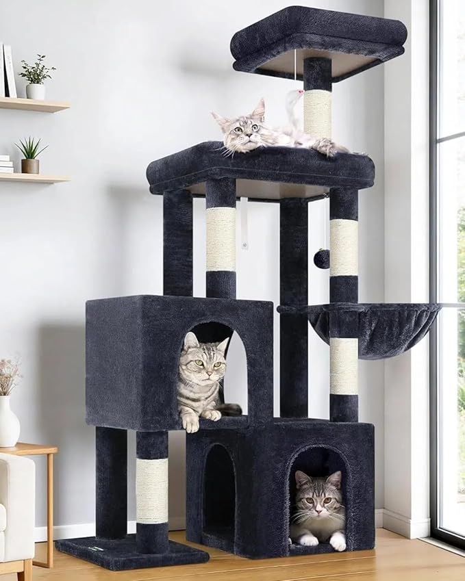 Globlazer Cat Tree Condo Tower for Multiple Indoor Cats, 52in Multi-Level Cat Scratching Tree with 2 Cat Condos, 5 Sisal Scratching Posts, 2 Padded Perches, Big Basket, Widened Base, S52, Dark Grey