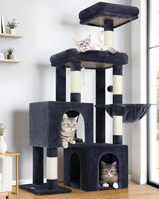 Globlazer Cat Tree Condo Tower for Multiple Indoor Cats, 52in Multi-Level Cat Scratching Tree with 2 Cat Condos, 5 Sisal Scratching Posts, 2 Padded Perches, Big Basket, Widened Base, S52, Dark Grey