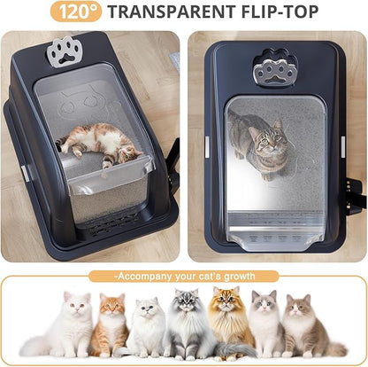 Stainless Steel Cat Litter Box Fully Enclosed, Extra Large Metal High Sided Cat Box with 120° Fully Transparent See-Through Flip Lid, Scoop & Mat - Black - XL