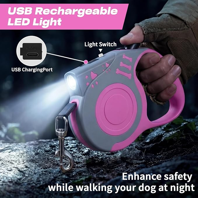 Retractable Dog Leash with USB Rechargeable Flashlight for Night Walks, 16FT Automatic Telescopic Tractor Dog Leash for Small and Medium Dogs, Pink