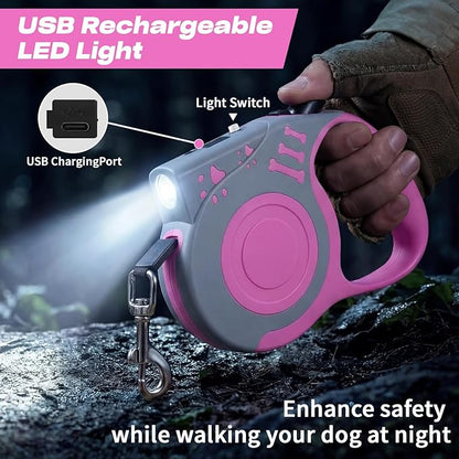 Retractable Dog Leash with USB Rechargeable Flashlight for Night Walks, 16FT Automatic Telescopic Tractor Dog Leash for Small and Medium Dogs, Pink