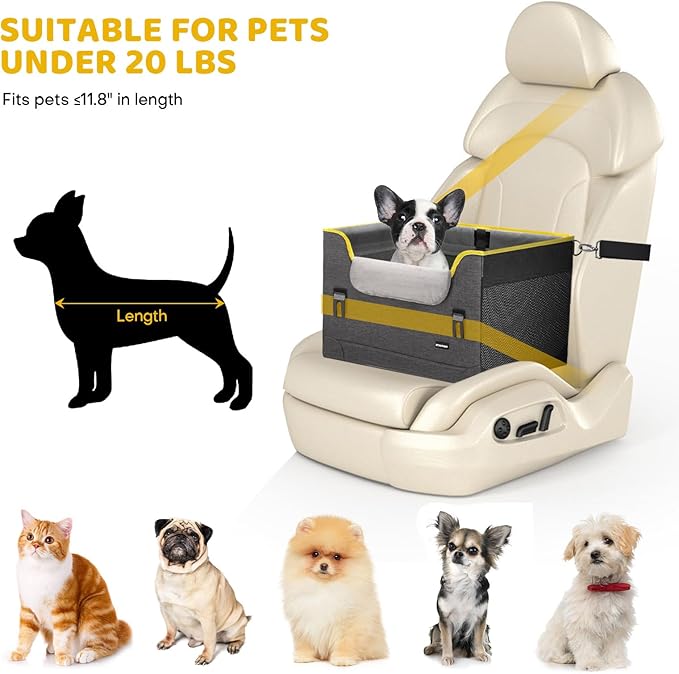 GENORTH Dog Car Seat for Small Dogs,Detachable Pet Car Seat Under 20 lbs,Dog Booster Seat with Cozy Chin Rest,Cushion and Safety Belt, (Gray)