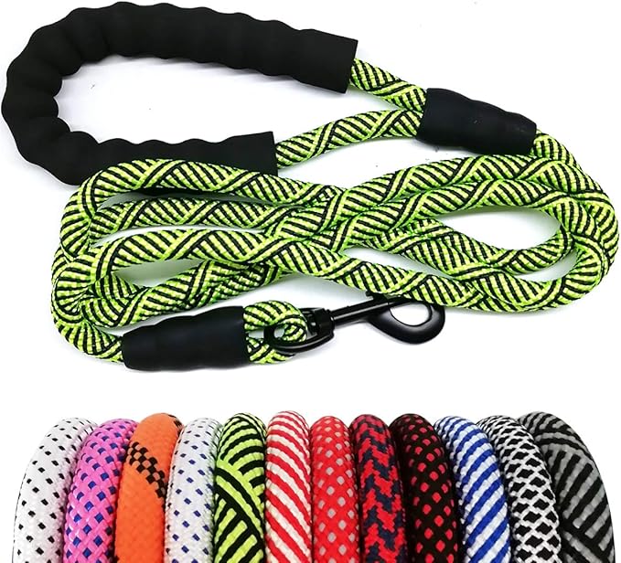 MayPaw Heavy Duty Rope Dog Leash, 3/4/5/6/7/8/10/12/15 FT Nylon Pet Leash, Soft Padded Handle Thick Lead Leashes for Large Medium Dogs (Green Black, 1/2" * 8')