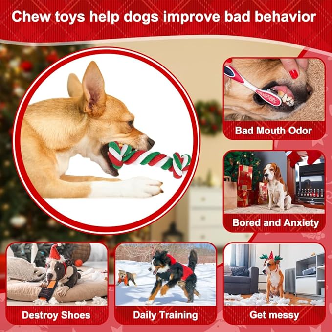 SZEE Dog Rope Toy, 14 in 3 Knots Christmas Dog Chew Toys for Medium and Small Dogs, Pull Toy for Tug of War and Teeth Cleaning (Red & Green)