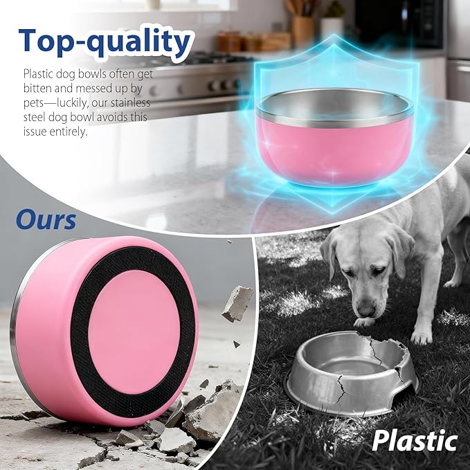 Dog Bowl, Stainless Steel Dog Bowls for Food and Water, Metal Pet Feeding Bowl with Insulated Non-Slip Quiet Bottom, Easy to Clean, Dishwasher Safe, 32oz,4 Cup | Pink