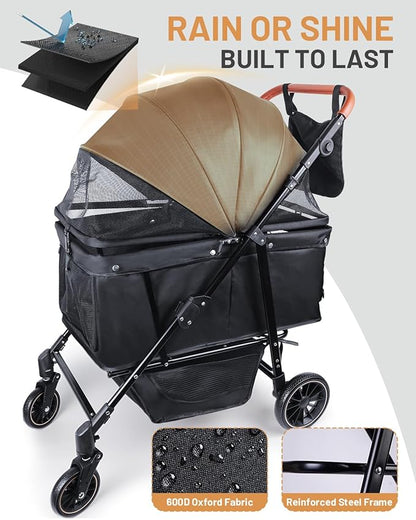 Dog Stroller for Large & Medium Dogs (20–132 lbs), Pet Stroller for 2 Small Dogs with Adjustable Handle & Canopy, Sun Shades, Storage Organizer, Foldable & Ventilated,Black