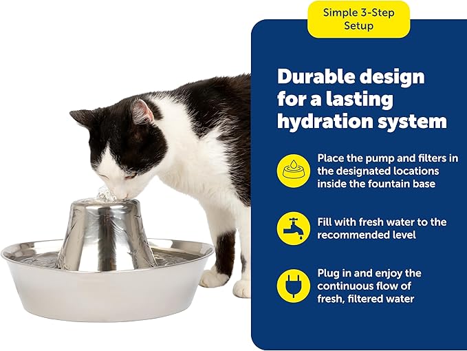 PetSafe Seaside Stainless Steel Cat & Dog Fountain, 60 Oz Water Capacity - 2 Water Filters & 1 Pump Included, Soothing Flow for Pets, Scratch-and Rust-Resistant Material - Quiet Motor