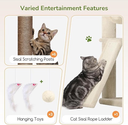 Globlazer Extra Large Cat Tree, 78 inch Sturdy Tall Cat Tree Tower for Indoor Multiple Large Adult Cats Kittens with 6 Scratching Posts, Enlarged Top Perch, 2 Padded Condos, S78G, Beige