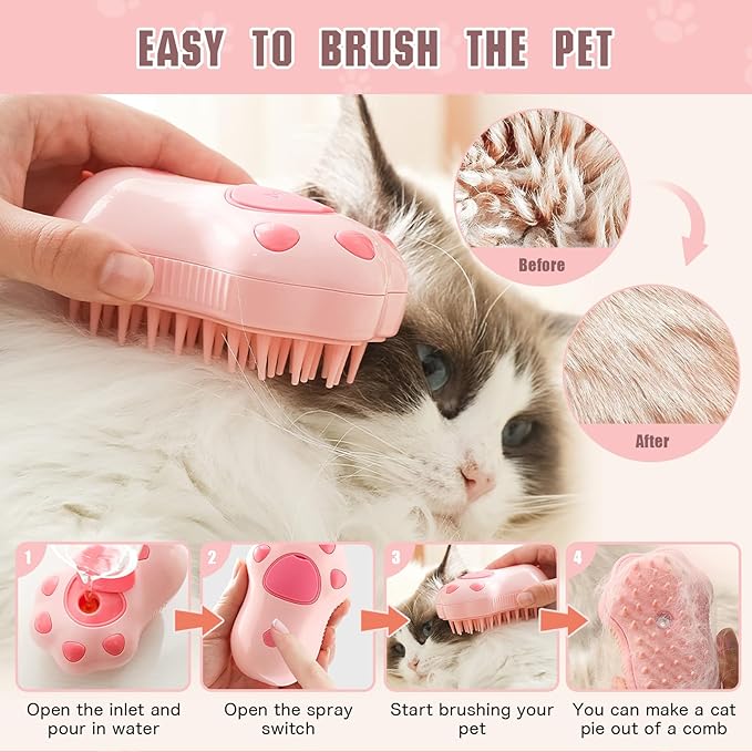 Steamy Cat Brush, 3 in 1 Cat Steamy Brush, Electric Cat Steam Brush, Cat Grooming Brush Silicone Self Cleaning Steam Brush for Massage,Clean and Removing Loose Hair