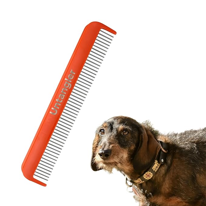 Pet comb for easy mat removal - silky smooth rotating teeth untangles without causing pain to pets (7", Orange Coral)