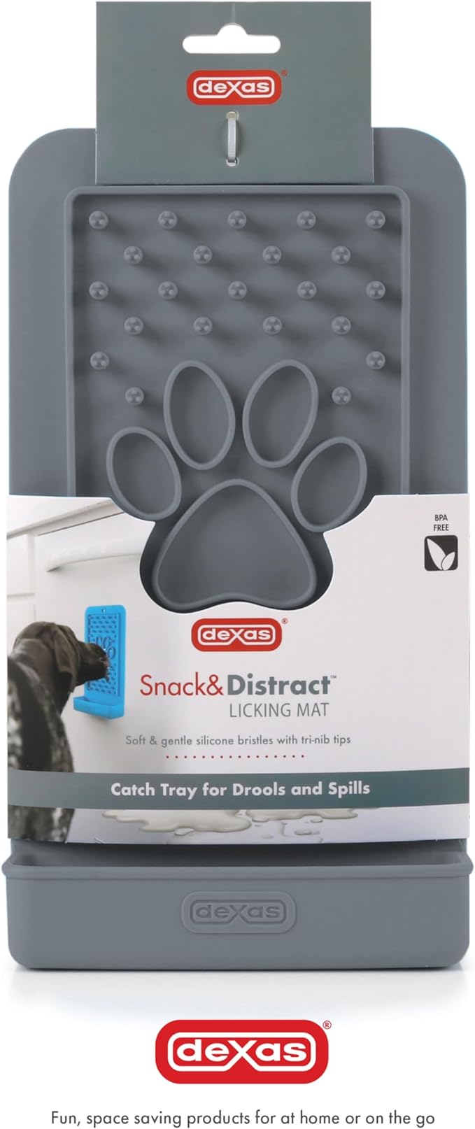 Dexas Snack & Distract Licking Mat with Catch Tray for Dogs and Cats-5"x 9", Light Gray. Sticks to Most Slick or Smooth Surfaces. Eases Anxiety, Prevents Boredom, Entertains and Distracts.