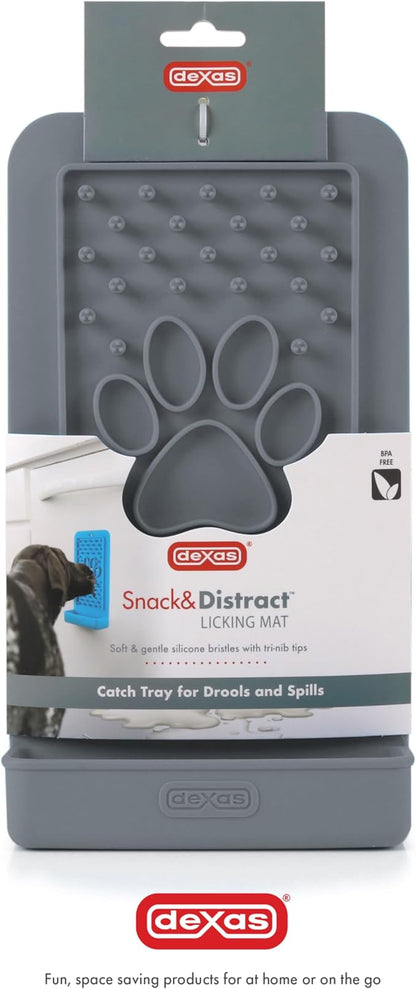 Dexas Snack & Distract Licking Mat with Catch Tray for Dogs and Cats-5"x 9", Light Gray. Sticks to Most Slick or Smooth Surfaces. Eases Anxiety, Prevents Boredom, Entertains and Distracts.