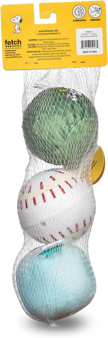 Peanuts for Pets Snoopy The Athlete Multi-Material Dog Ball Toy, 3-Pack - Squeaky, Interactive Dog Toys with Multiple Textures, Perfect for Fetch and Chew - Featuring Snoopy and Woodstock Designs