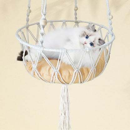Macrame Cat Hammock Bed,Handwoven Hanging Boho Cat Bed with Hanging Kit for Indoor Outdoor Home Decor Ceiling Catio Swing for Playing Sleeping Climbing and Lounging(15.74x15.74x47.24IN)(L)