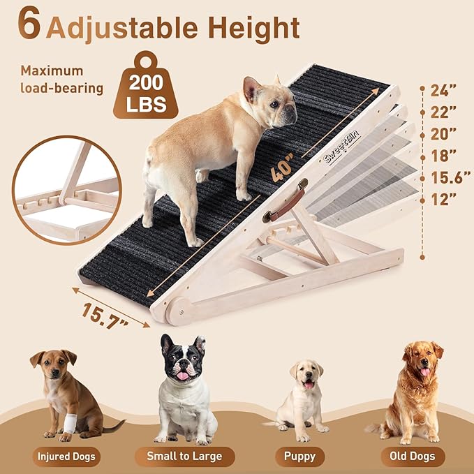 Dog Ramp for Bed - Foldable Small to Large Dog Ramp for Couch - 6 Adjustable Height from 12" to 24" - Stairs with High Traction Mat - Wooden Portable Ramp for Dogs to Get on Bed Couch Car Up to 200LBS