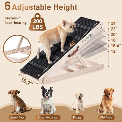 Dog Ramp for Bed - Foldable Small to Large Dog Ramp for Couch - 6 Adjustable Height from 12" to 24" - Stairs with High Traction Mat - Wooden Portable Ramp for Dogs to Get on Bed Couch Car Up to 200LBS