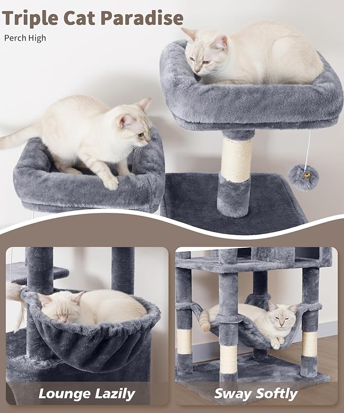 AMHANCIBLE Cat Tree, 70 Inch Cat Tower for Indoor Cats, Multi-Level Cat Tree with Scratching Post, Hammock, Hanging Basket, Large Cat Condos for Adult Cats Kittens, Grey, PT18GY