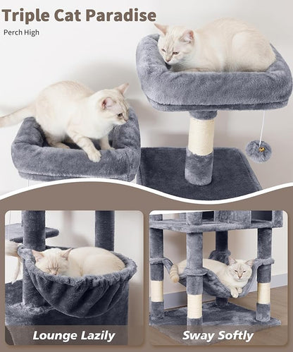 AMHANCIBLE Cat Tree, 70 Inch Cat Tower for Indoor Cats, Multi-Level Cat Tree with Scratching Post, Hammock, Hanging Basket, Large Cat Condos for Adult Cats Kittens, Grey, PT18GY
