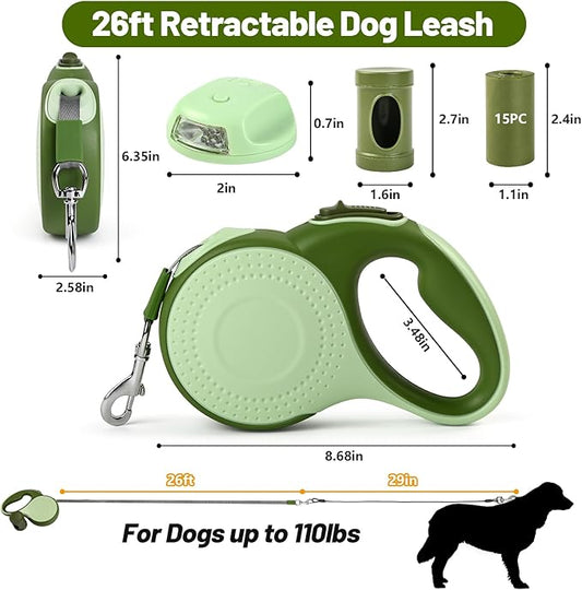 26ft Heavy Duty Retractable Dog Leash for Large Dogs, Dog Leash with Poop Bag Holder, Up to 100lbs, with LED Light, Chew Proof Cable, One-Handed Pause & Lock, 360° No Tangle. (Green, 26Ft)