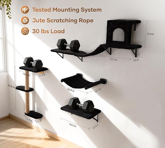 Wall Mounted Cat Furniture Set of 4 – 4 in 1 Cat Wall Shelves with Hammock, Bridge, Climbing Tree & Perch – Shelves for Large Cats, Holds Up to 30 lbs, Indoor Playground