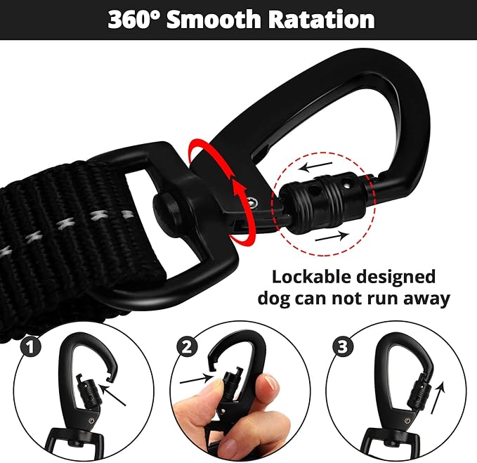 Rope Dog Leash 6 FT: Heavy Duty Leashes with Swivel Lockable Hook Reflective Threads Bungee and Padded Handle - Dog Lead for Large Small Medium Dogs Outside Walking Hiking Black