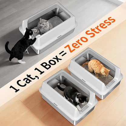2 Pack XL Stainless Steel Litter Box with High Sides Shield for Multi Cat, Extra Large Tall Wall Open Top Deep Metal Pan for Big Cats, Anti-Leak Non-Stick Odor Control, 2 Scoops Included, Gray