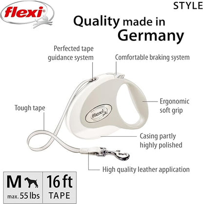 FLEXI® Style Retractable Dog Leash (Tape), Ergonomic, Durable and Tangle Free Pet Walking Leash for Dogs Up to 55 lbs, 16 ft, Medium, White/Grey