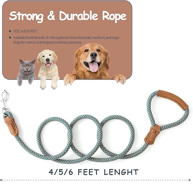 Mile High Life Leather Dog Leash, Heavy Duty Strong Genuine Leather Handle Rope Leash Soft and Comfortable for Small Medium Large Dogs (Peacock Blue, 48 Inch)