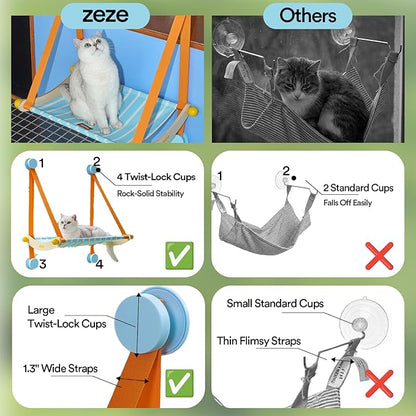 ZEZE Hanging Window Cat Hammock, 360° Panoramic View Window Perch, Canvas Bed, 4 Heavy-Duty Suction Cups, Space-Saving Cat Lounge, Up to 13 Pounds