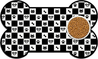 Pet Dog Cat Food Mat, Absorbent Bone Shaped Dog Bowl Mats for Food and Water, Non Slip Cute Footprint Dogs Cat Placemats Feeding Mat for Floors Puppy Pet Accessories Supplies 16"x24" Black White