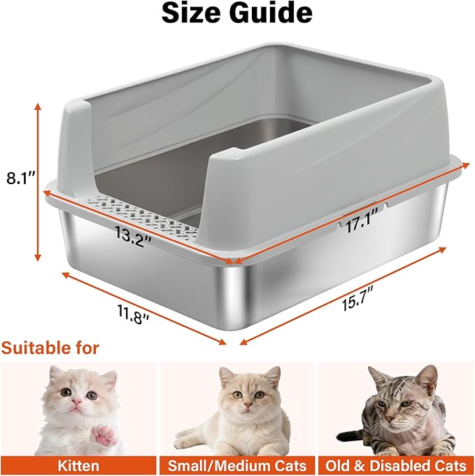 M Stainless Steel Cat Litter Box with Lid,Metal Litter Box High Sides for Kitty/Small Cats,Open Design,Indoor,1-Mat and 1-Scoop,Easy to Clean, No Odor,Anti-Urine Leakage