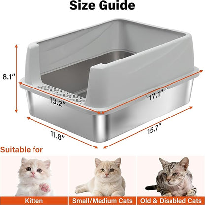 M Stainless Steel Cat Litter Box with Lid,Metal Litter Box High Sides for Kitty/Small Cats,Open Design,Indoor,1-Mat and 1-Scoop,Easy to Clean, No Odor,Anti-Urine Leakage