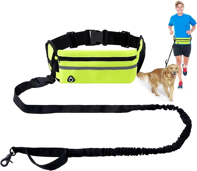 Hands Free Dog Leash - Waist Running Leashes with Zipper Pouch, Adjustable Reflective Waist Belt, Dualc Handle Retractable Bungee for Small Medium Large Dogs Walking Jogging (Green 4.1-7.2ft)