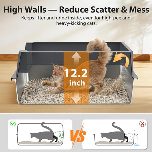 FURTIME XXXL Extra Large Stainless Steel Litter Box with Lid, Large Cat Litter Box for Big Cat, Large Metal Cat Box with High Sided, Non-Stick, Easy Cleaning, Includes Scoop and Mat