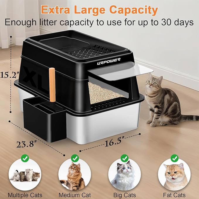 URPOWER Stainless Steel Cat Litter Box with Lid Extra Large Enclosed Litter Box for Cats Non-Sticky Metal Pan with High Sided Enclosure & Scoop, Front & Top Entry, Anti-Leakage, Easy Cleaning