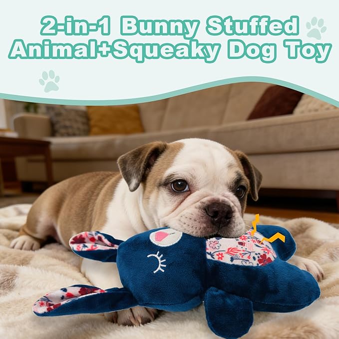 Blue Bunny Plush Squeaky Dog Toy for Chewers Puppy Teething Chew Toy Cute Soft Funny Indoor Outdoor Interactive Rabbit Stuffed Animal Dog Toy for Small Medium Large Dogs Toy Gift 26cm/10.24in