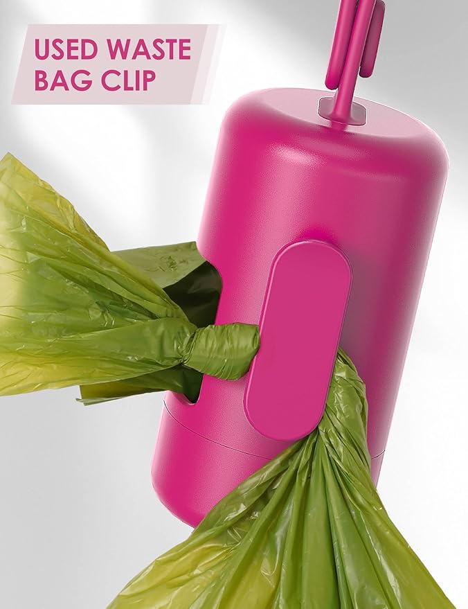 Gobeigo Dog Poop Bag Holder【Convenient Hook for Used Bags】【Silicone Strap Fits Any Leash】【Large Opening for Easy Dispensing】with 1 Roll Waste Bags (Hot Pink)