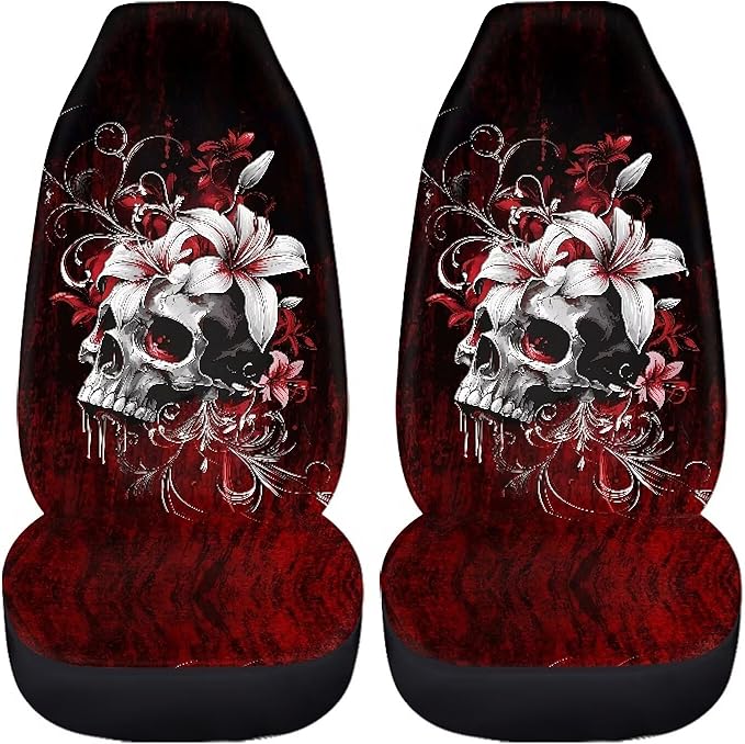 Gothic Skull Car Seat Cover Front Seat Cushion Covers, Washable and Breathable Car Accessories Universal Fits SUV, Sedan, Van, Truck Easy to Install, Black Red