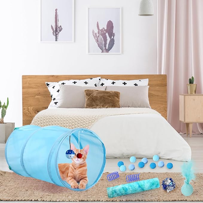 24 Pcs Cat Toys Set Interactive Kitten Toys Pack Including Collapsible Play Tunnel Feather Teaser Wand Fuzzy Ball Springs Pillow Mouse Bells for Indoor Cats Puppy(Blue,Classic)