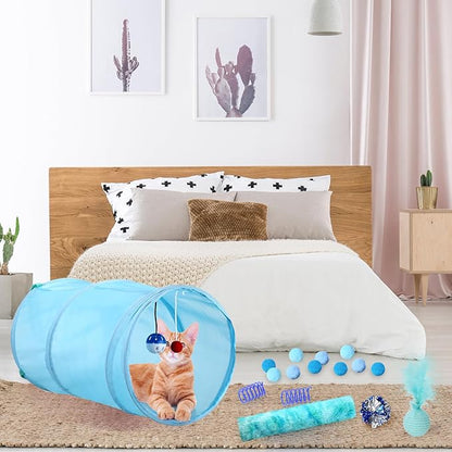 24 Pcs Cat Toys Set Interactive Kitten Toys Pack Including Collapsible Play Tunnel Feather Teaser Wand Fuzzy Ball Springs Pillow Mouse Bells for Indoor Cats Puppy(Blue,Classic)