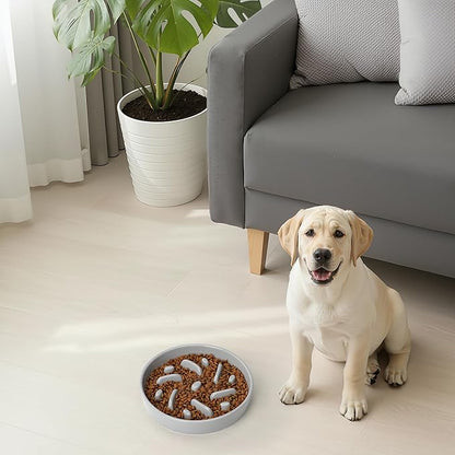 Ceramic Slow Feeder Dog Bowl, 8.3 inch Dog Food Bowls for Small, Medium, and Large Breed, Anti-Slip Puzzle Food Dish to Slow Down Eating (Grey, 8.3 in)