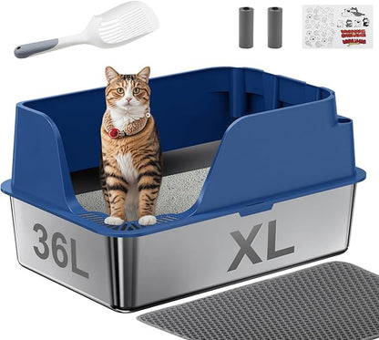 Non-stick Stainless Steel Litter Box, XL Side Opening Splash-Proof & Leak-Proof Seamless Seal, Ellenpent Large Capacity, Cat Litter Box with Lid for Multi-Cats, Large Cats, Easy-Clean & Durable (Blue)