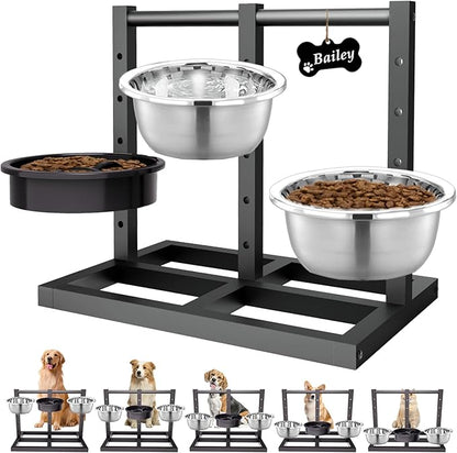 Elevated Dog Bowls Stand for Medium Large Dogs, 5 Adjustable Height Metal Raised Dog Bowl Stand 3 Food Water Bowls and Slow Feeder Bowl with Non-Slip Feet
